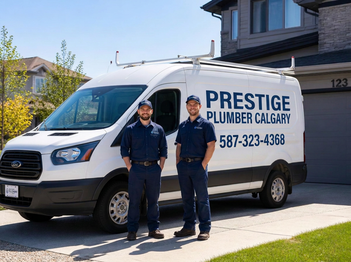 Prestige Plumber Calgary service van and technicians at a Calgary home